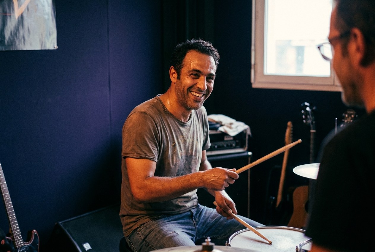 Karim, batteur, en répétition derrière sa batterie