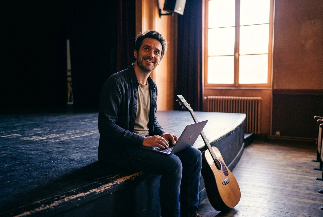 Thomas, comédien-musicien, seul dans une salle de théâtre avec un ordinateur