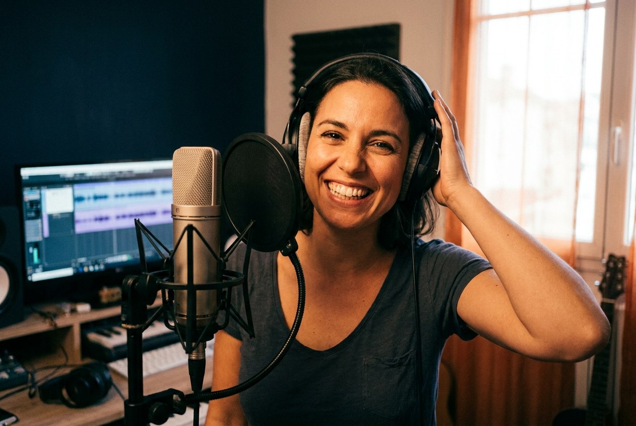 Inès, chanteuse, dans un petit home-studio au micro