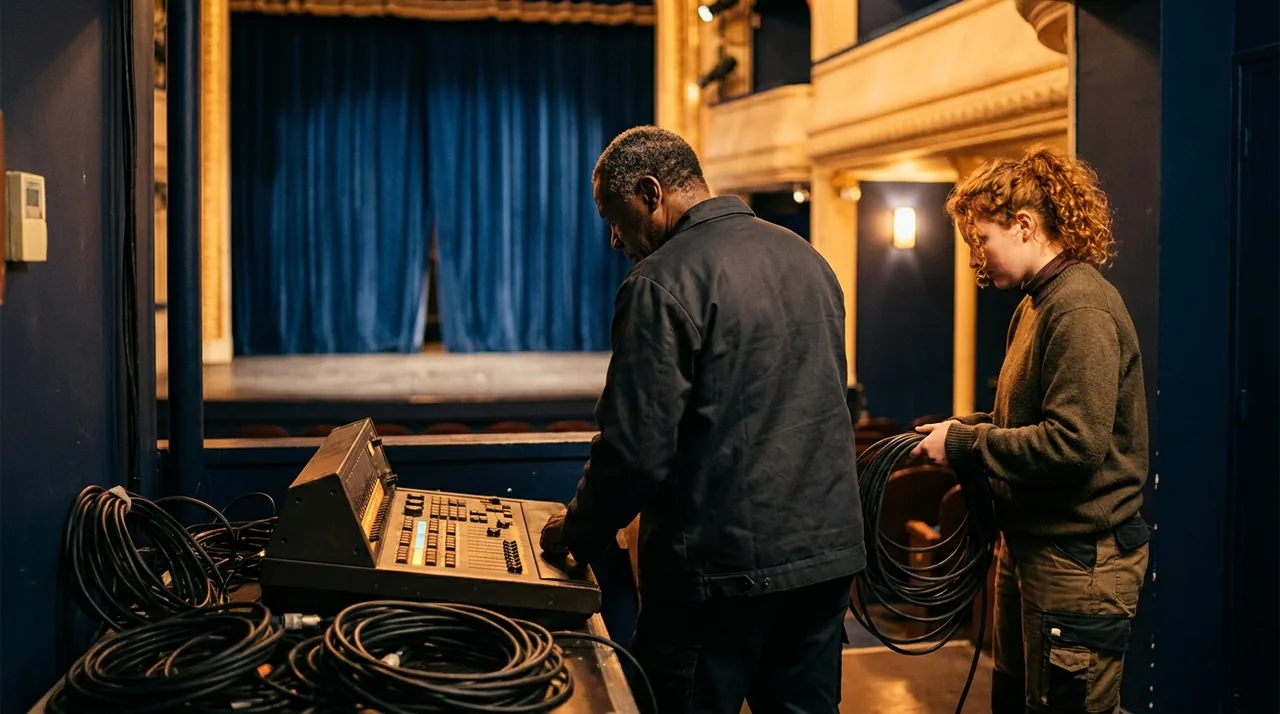 Coulisses d'une salle de spectacle française, pupitre lumière et rideau, lumière chaude de fin de représentation