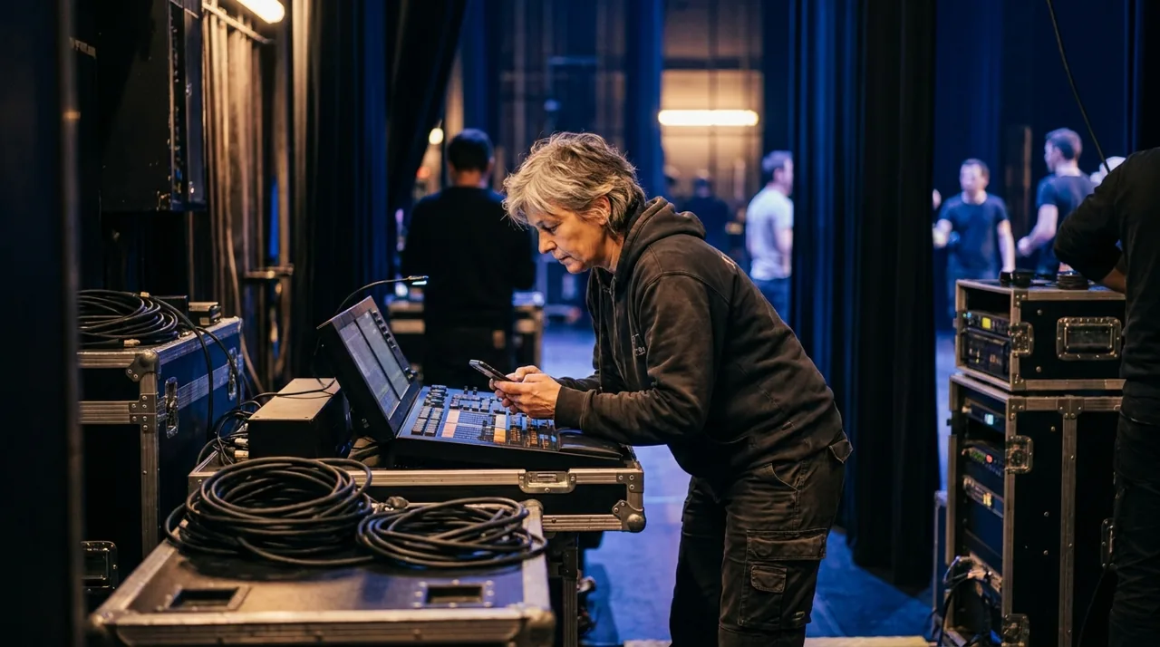 Technicien du spectacle vivant consultant son téléphone dans les coulisses d'une salle, régie lumière en arrière-plan