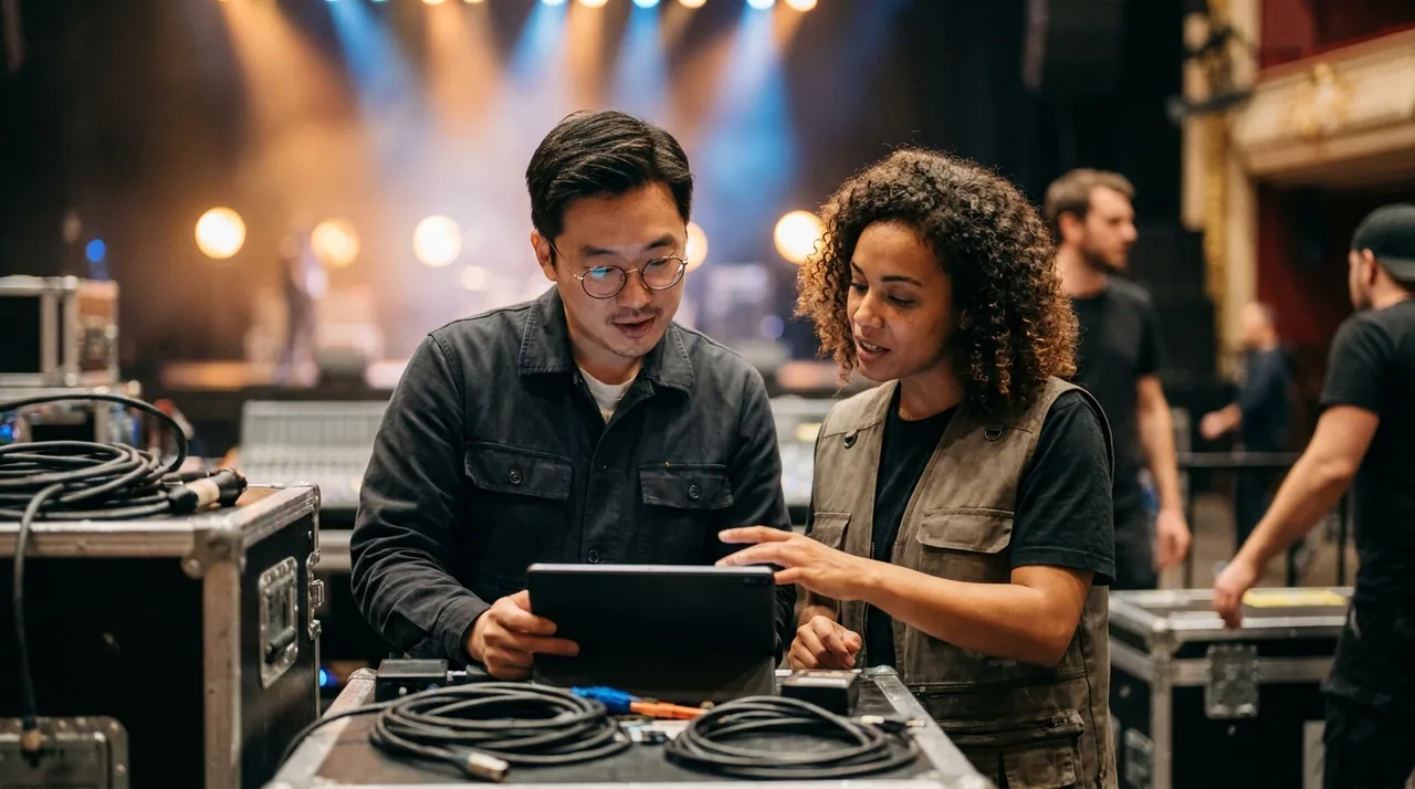 Technicien du spectacle consultant son relevé d'heures sur une tablette en coulisses d'une salle de concert