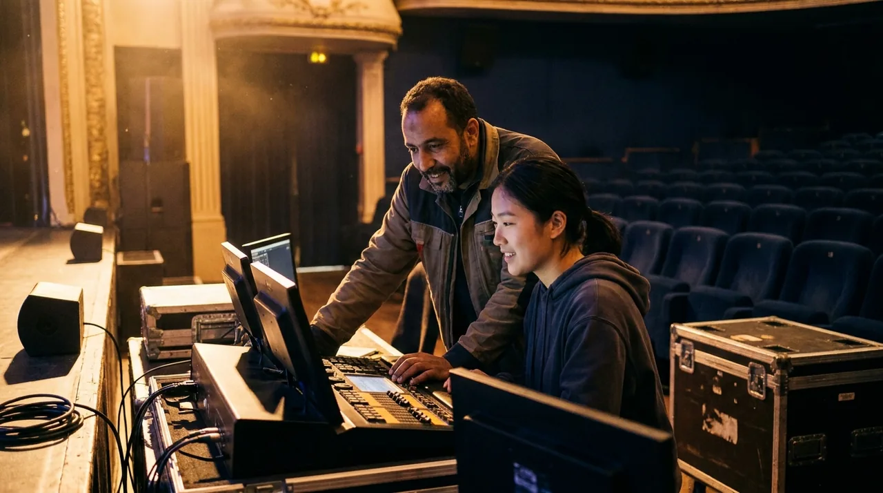 Coulisses d'une salle de spectacle vide, régie technique éclairée en fin de représentation