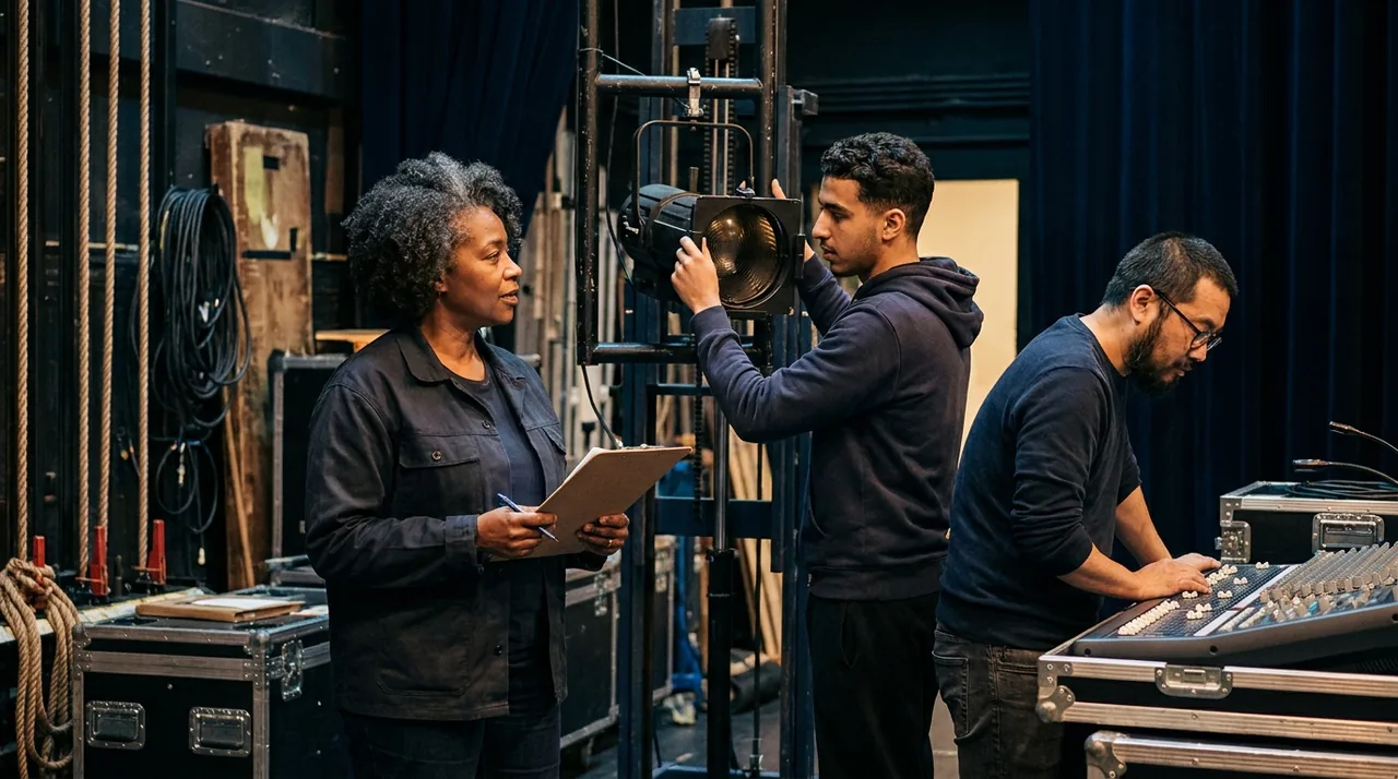 Équipe technique mixte en coulisses d'un théâtre préparant un spectacle