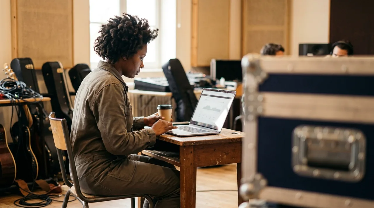Musicienne consultant son compte personnel de formation sur un ordinateur portable