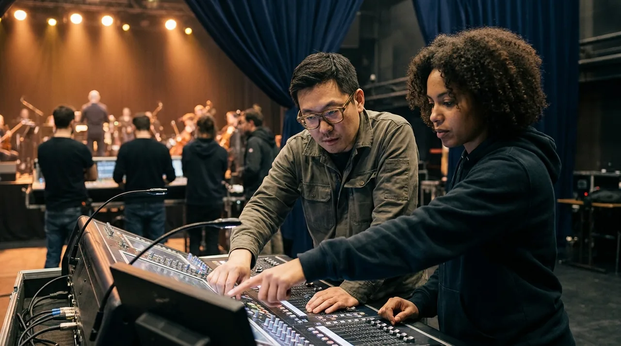 Technicien du son manipulant une console de mixage lors d'une formation technique