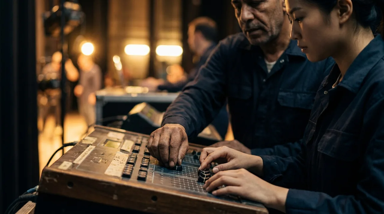 Mains d'un technicien du spectacle réglant une console lumière en coulisses