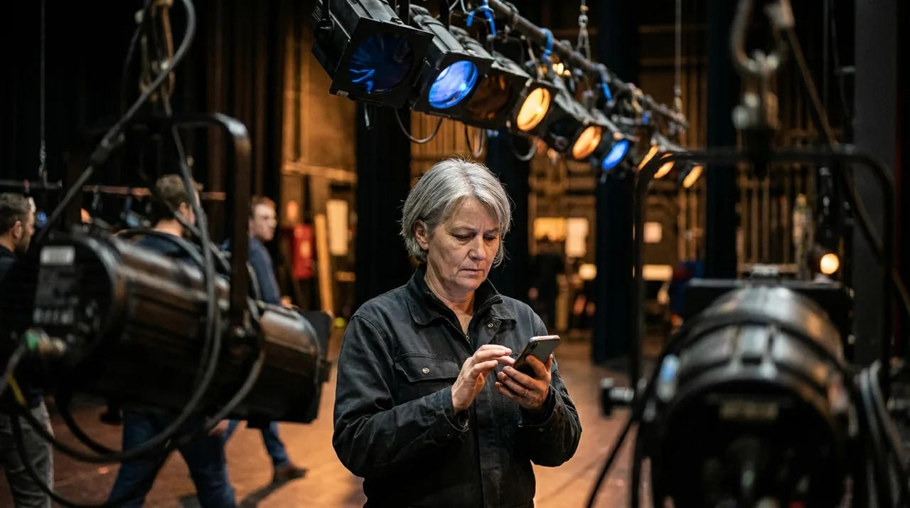 Technicien du spectacle en coulisses, éclairage de scène en arrière-plan, ambiance tamisée
