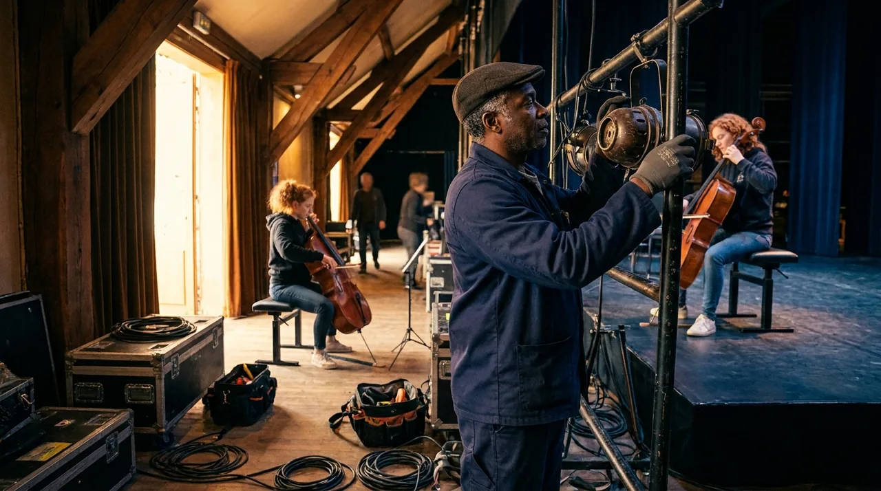 Coulisses d'une salle de spectacle française, un technicien règle un projecteur pendant qu'un musicien accorde son instrument sur scène