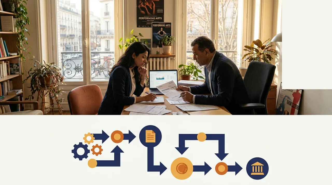 Deux collègues de bureau consultant des fiches de paie et un ordinateur portable