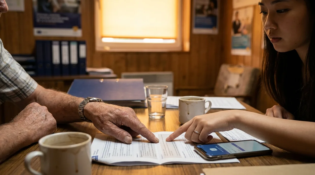 Deux personnes d'âges différents consultant ensemble un document et une application sur smartphone