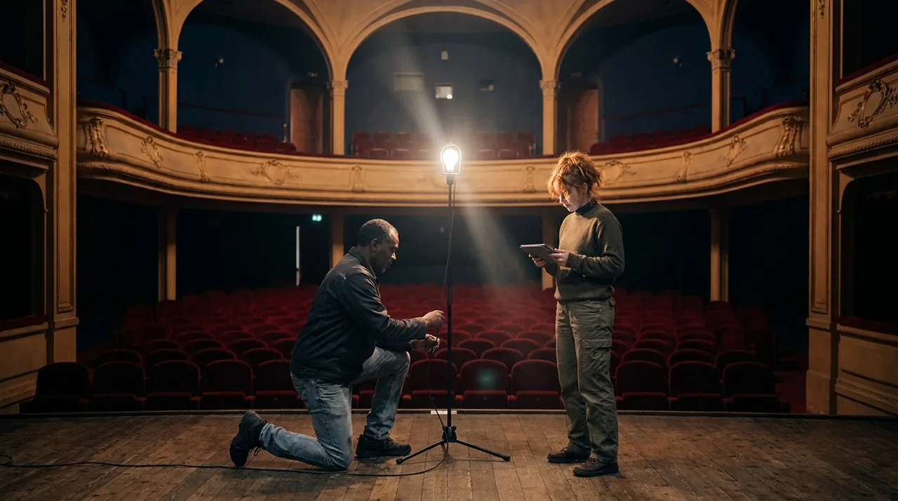 Une salle de spectacle vide et faiblement éclairée avant un montage, sièges rouges et scène nue, atmosphère suspendue