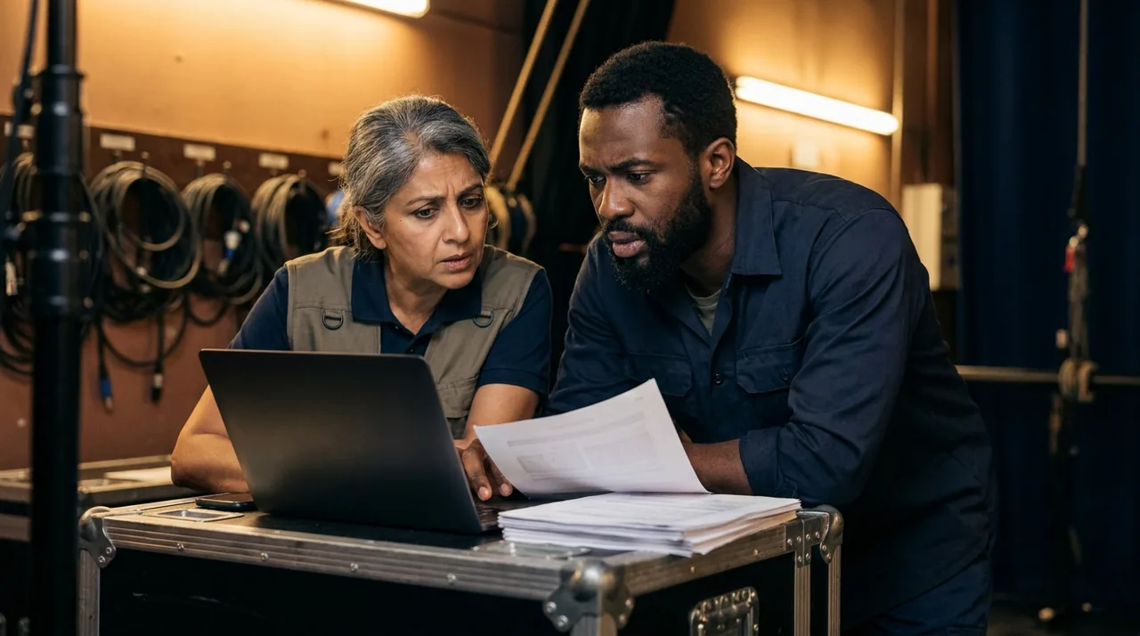 Technicienne et régisseur vérifient un contrat sur une tablette en coulisses