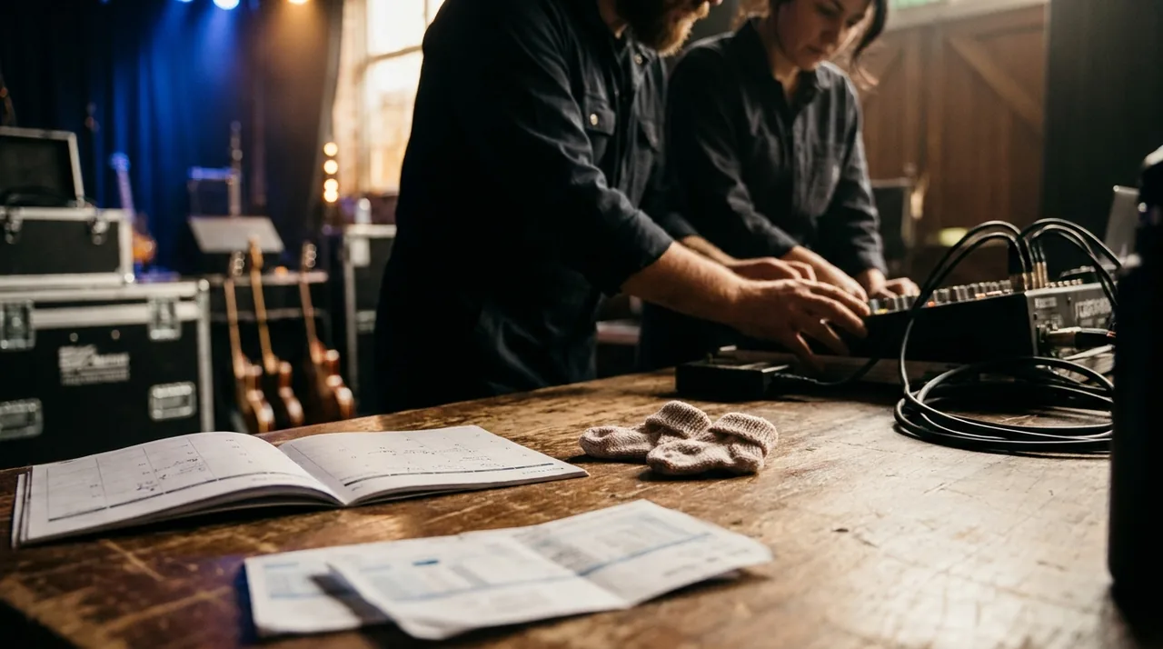 Bulletins de paie et calendrier de dates de spectacle posés côte à côte sur une table, avec de petites chaussettes de bébé