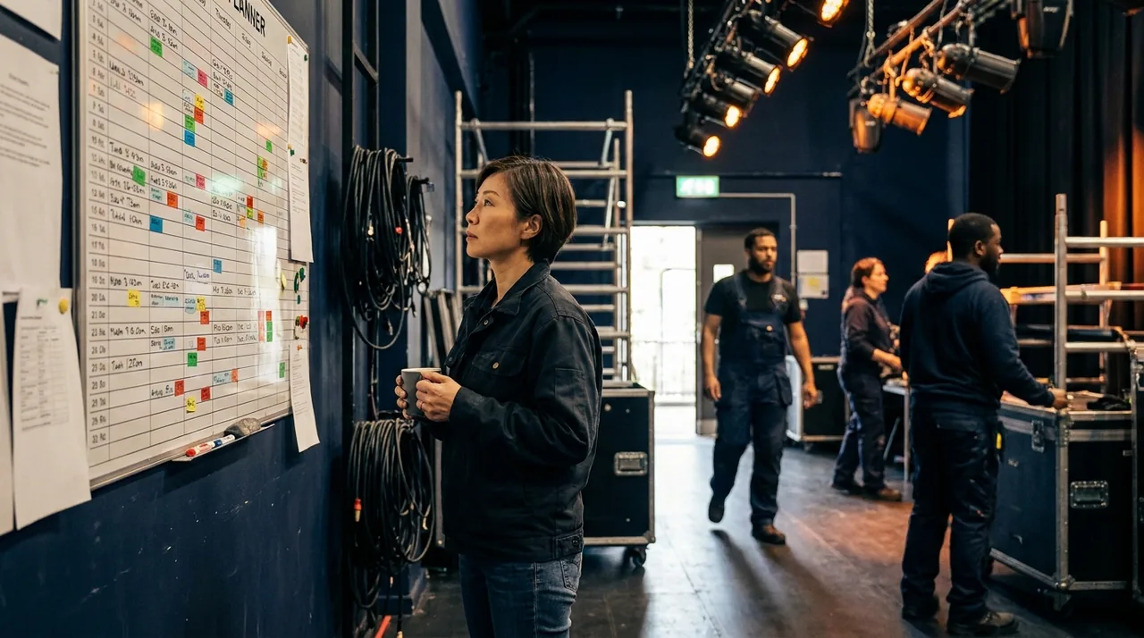 Régisseuse de spectacle consultant un planning mural couvert de dates de festivals et de répétitions dans un couloir de coulisses