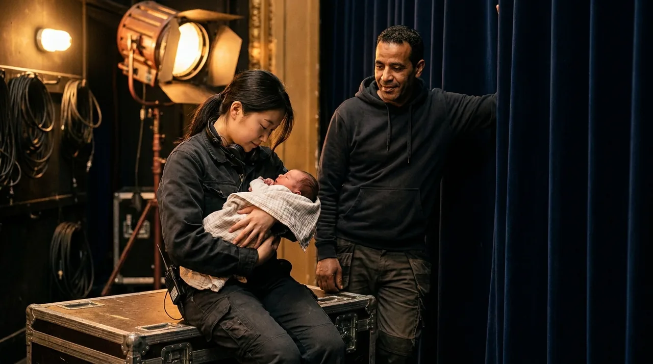 Jeune parent intermittent du spectacle tenant son nouveau-né en coulisses, près des rideaux de scène