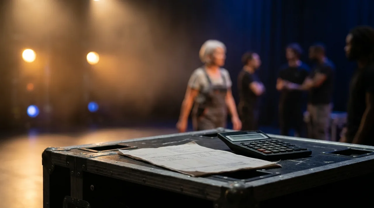 Calculatrice et fiche de paie d'intermittent du spectacle posées sur une caisse de matériel