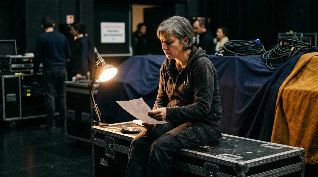Intermittent du spectacle consultant un bulletin de paie en coulisses de théâtre
