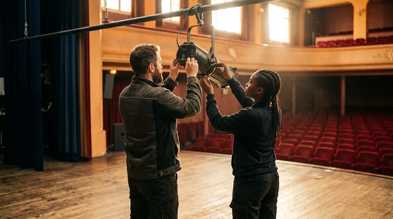 Régisseur lumière réglant un projecteur sur un plateau de théâtre vide, lumière chaude de fin de répétition