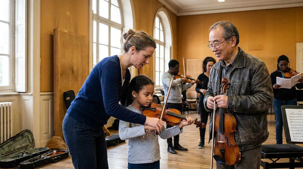 Musicienne donnant un cours de violon à des élèves dans un conservatoire