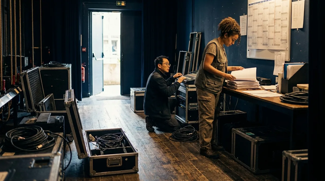 Régie technique d'une salle de spectacle vide en fin de montage, lumière naturelle traversant les coulisses