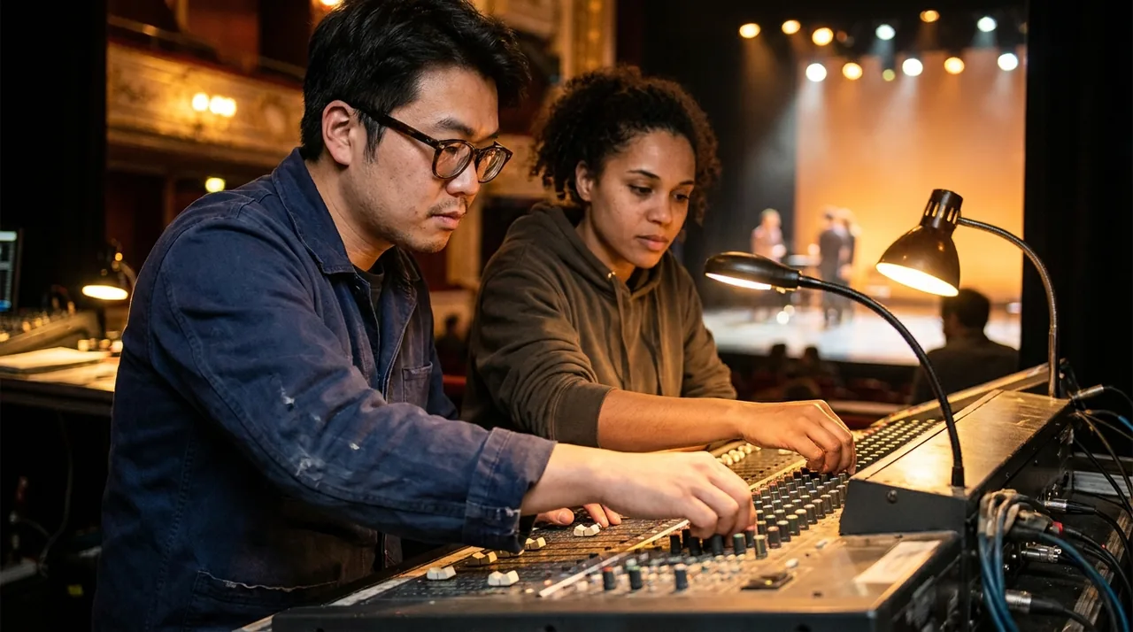 Mains d'un technicien du son réglant une console de mixage en coulisses