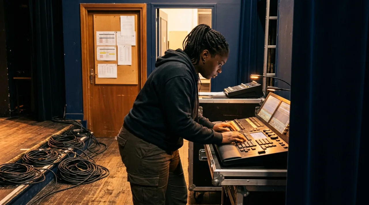Coulisses d'un théâtre avec pupitre lumière et câbles, ambiance de fin de représentation