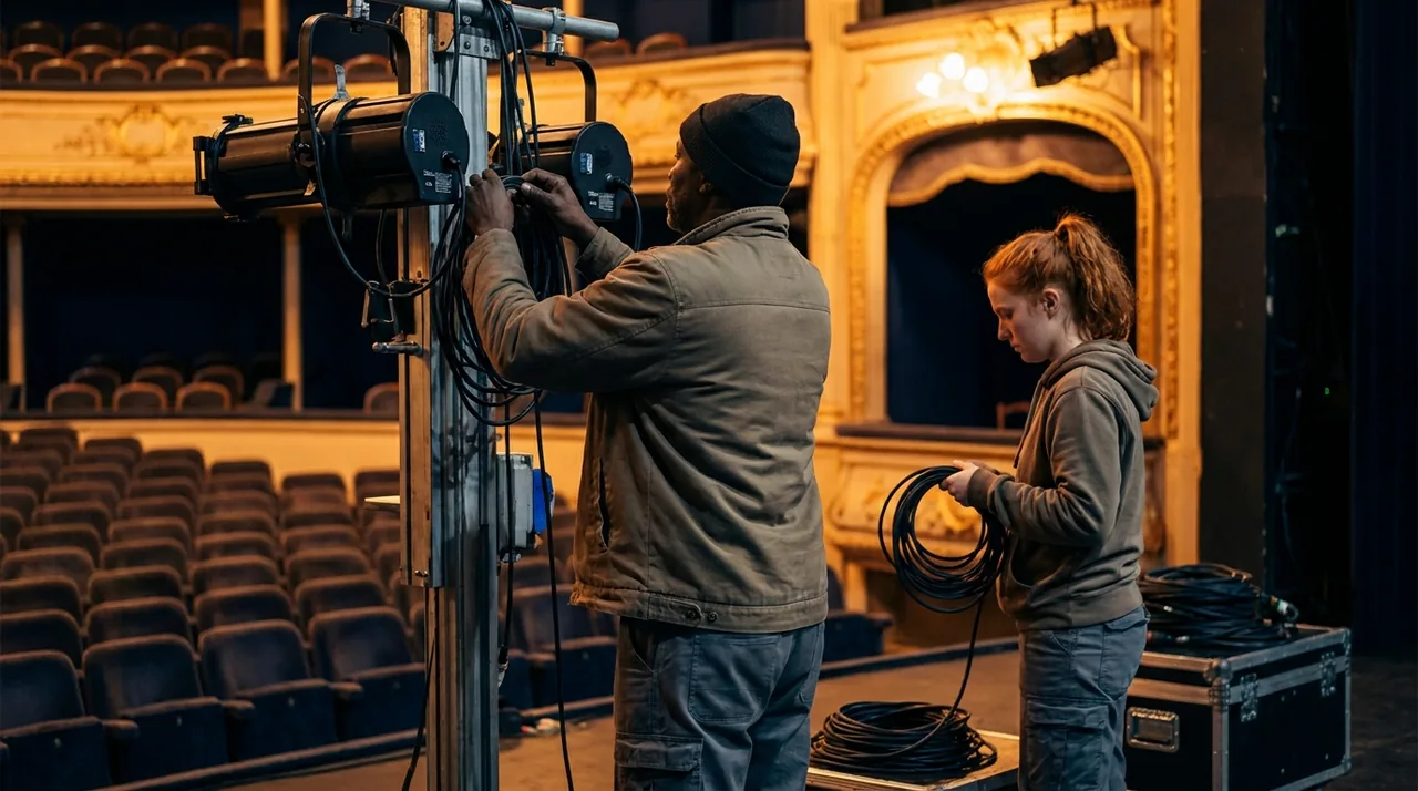 Technicienne du spectacle réglant un projecteur sur un plateau, en fin de journée