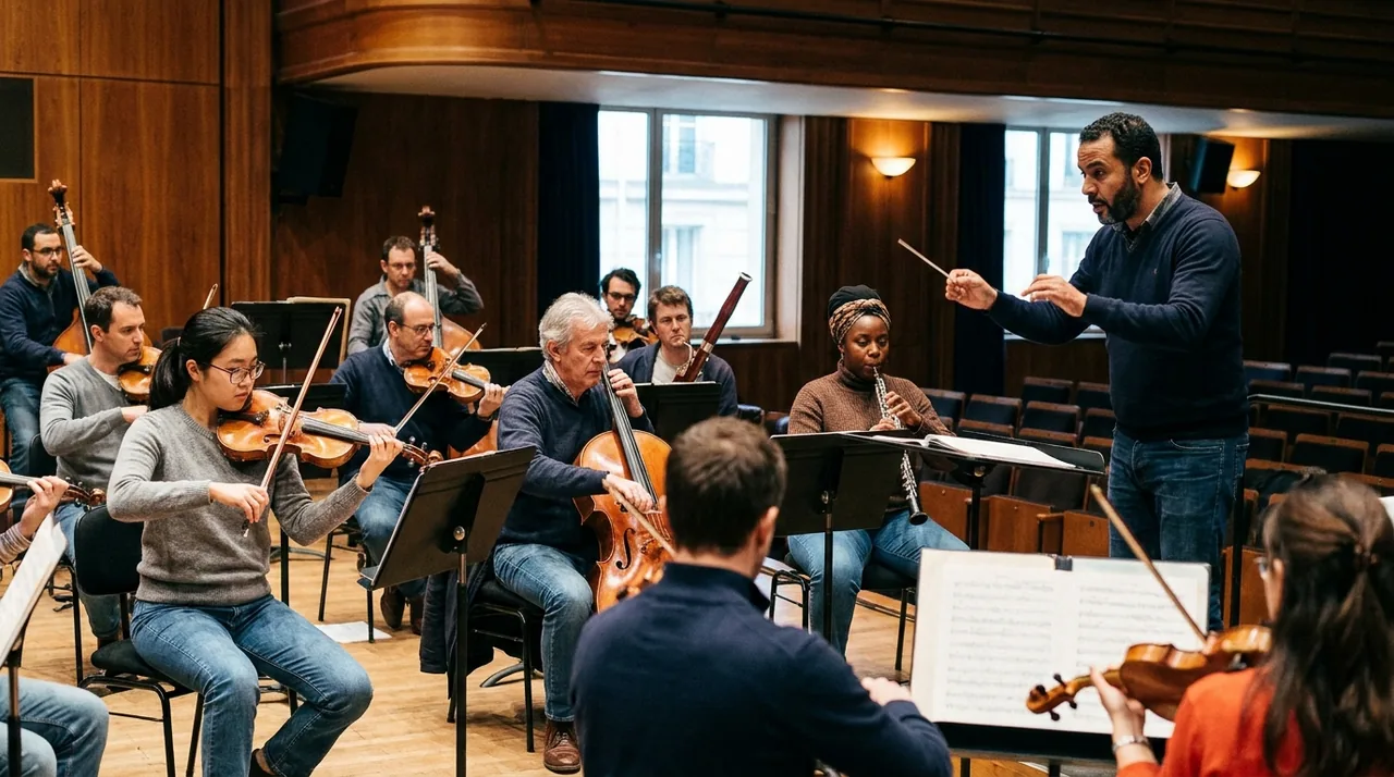 Orchestre en répétition dans une salle de concert, musiciens de générations et origines différentes