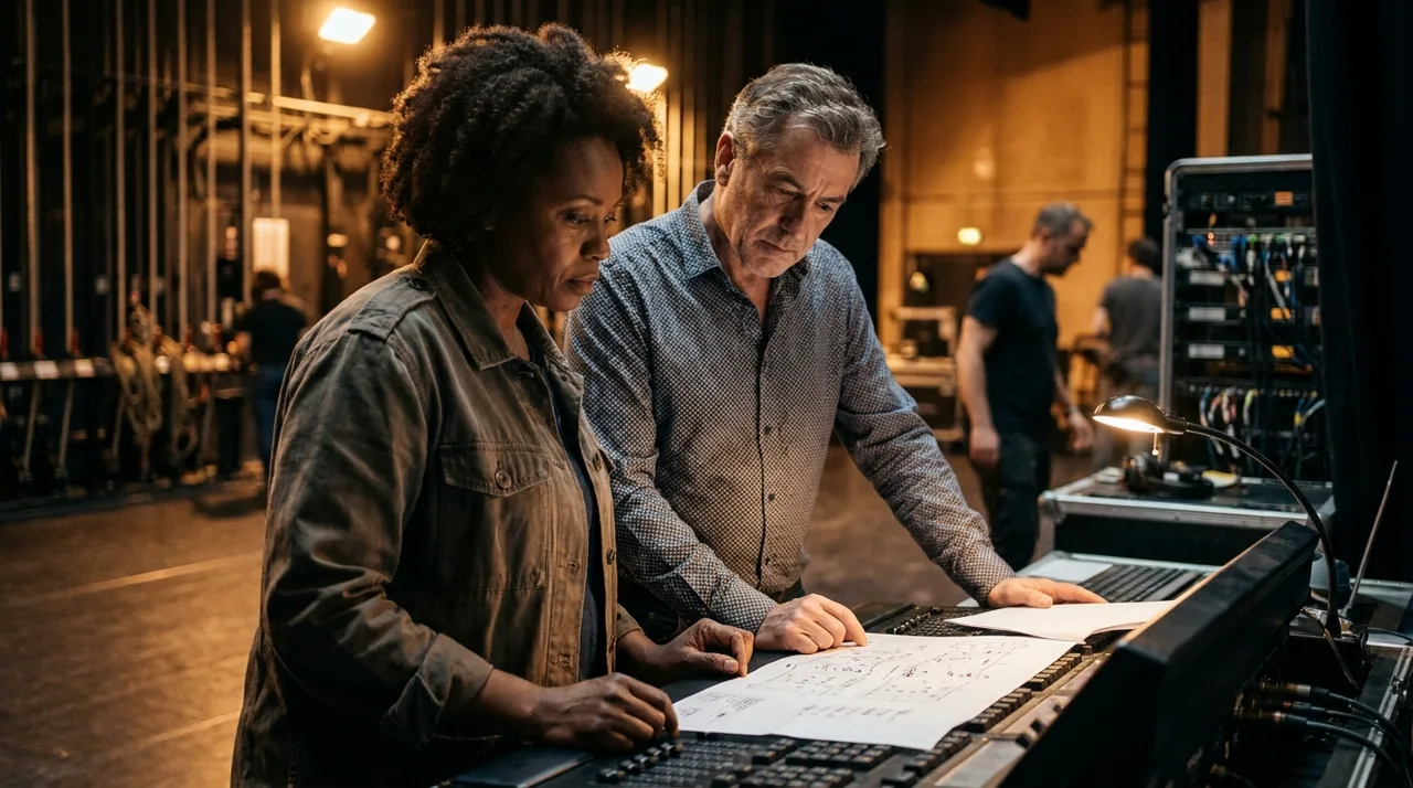 Technicienne et régisseur discutant de leur contrat dans les coulisses d'une salle de spectacle