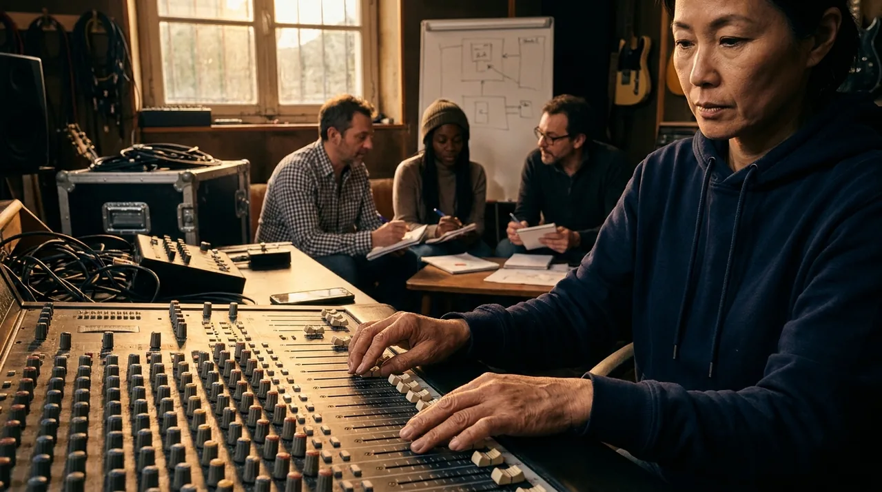 Un intermittent en formation technique dans un studio, mains sur une console de mixage, lumière naturelle de fin d'après-midi